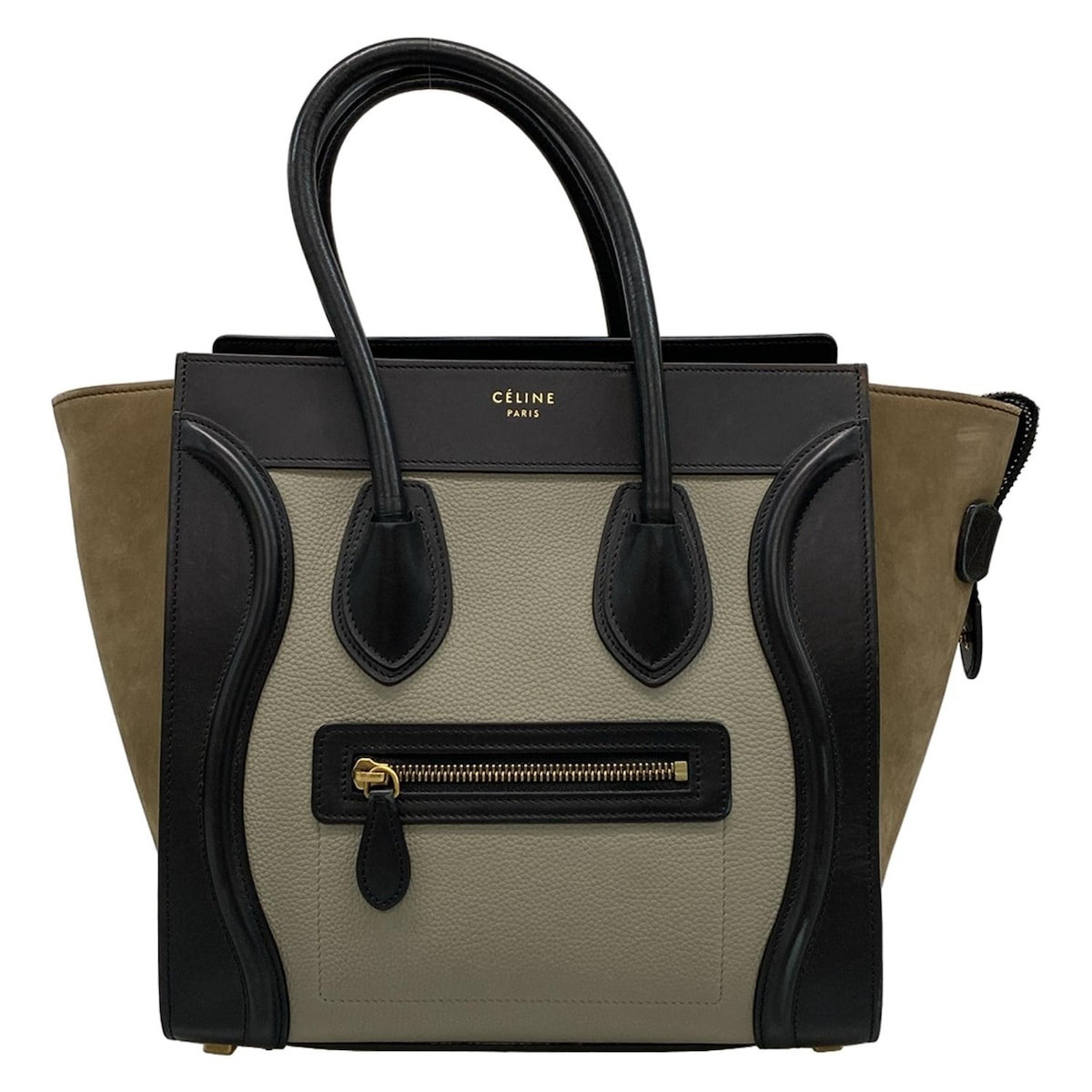 【中古】CELINE(セリーヌ) ラゲージマイクロショッパー ハンドバッグ トリコロール グレー×カーキ×黒