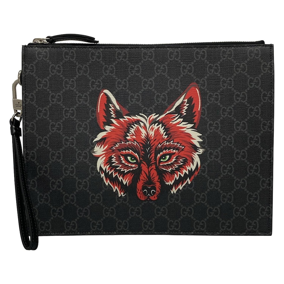 【新着】【中古】GUCCI(グッチ) GGスプリーム ポーチ クラッチバッグ フォックス ダークグレー×レッド×マルチ レザー