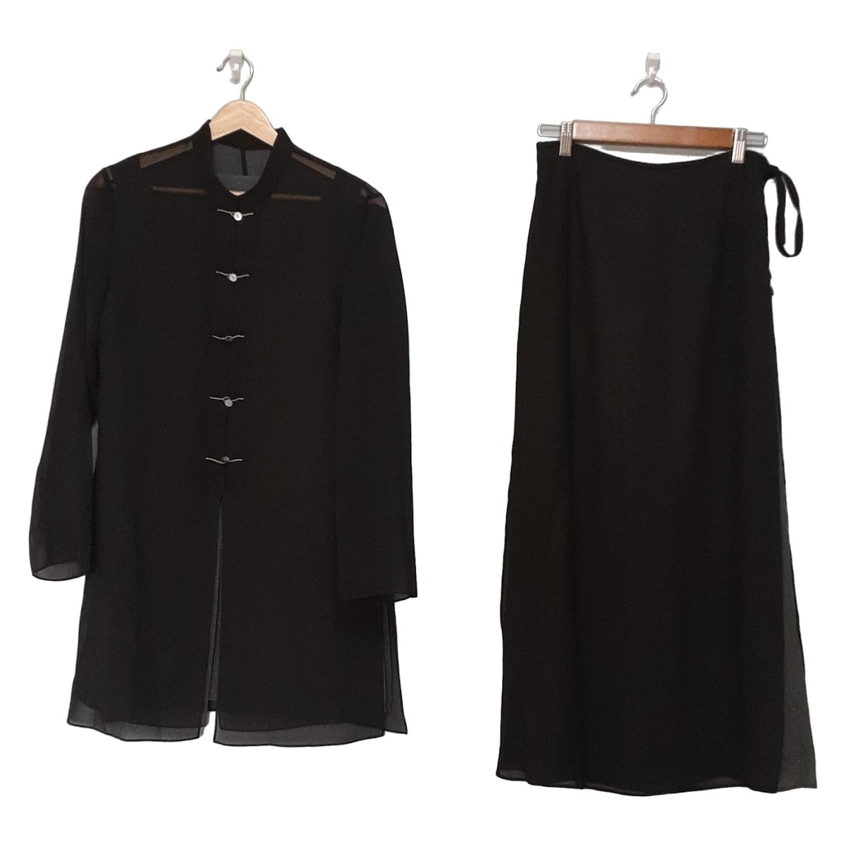 【中古】Leilian(レリアン) スカートセットアップ ダークグレー×黒×カーキ