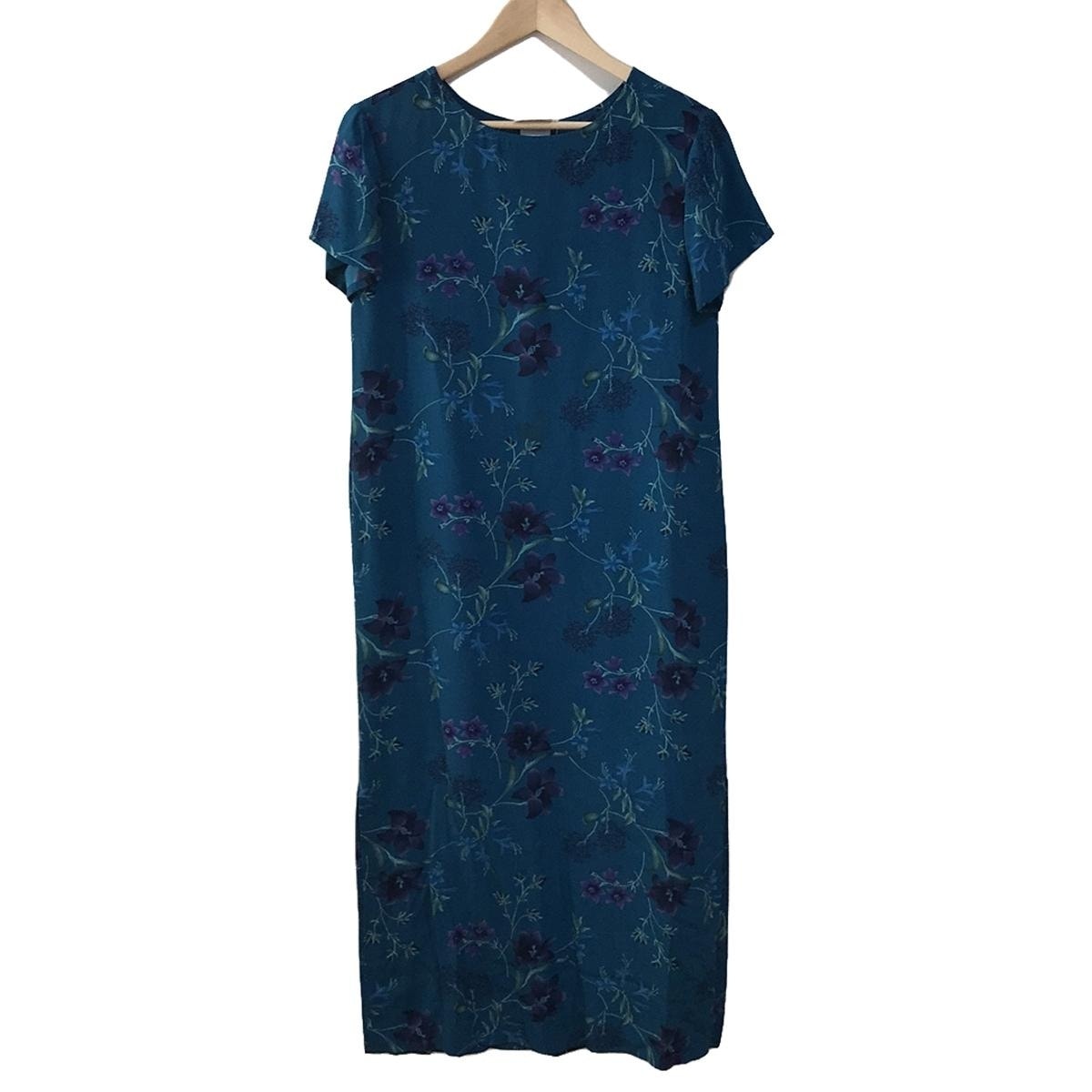 【中古】LAURAASHLEY(ローラアシュレイ) ワンピース クルーネック/半袖/マキシ丈/シルク/花柄 ブルーグリーン×パープル×マルチ