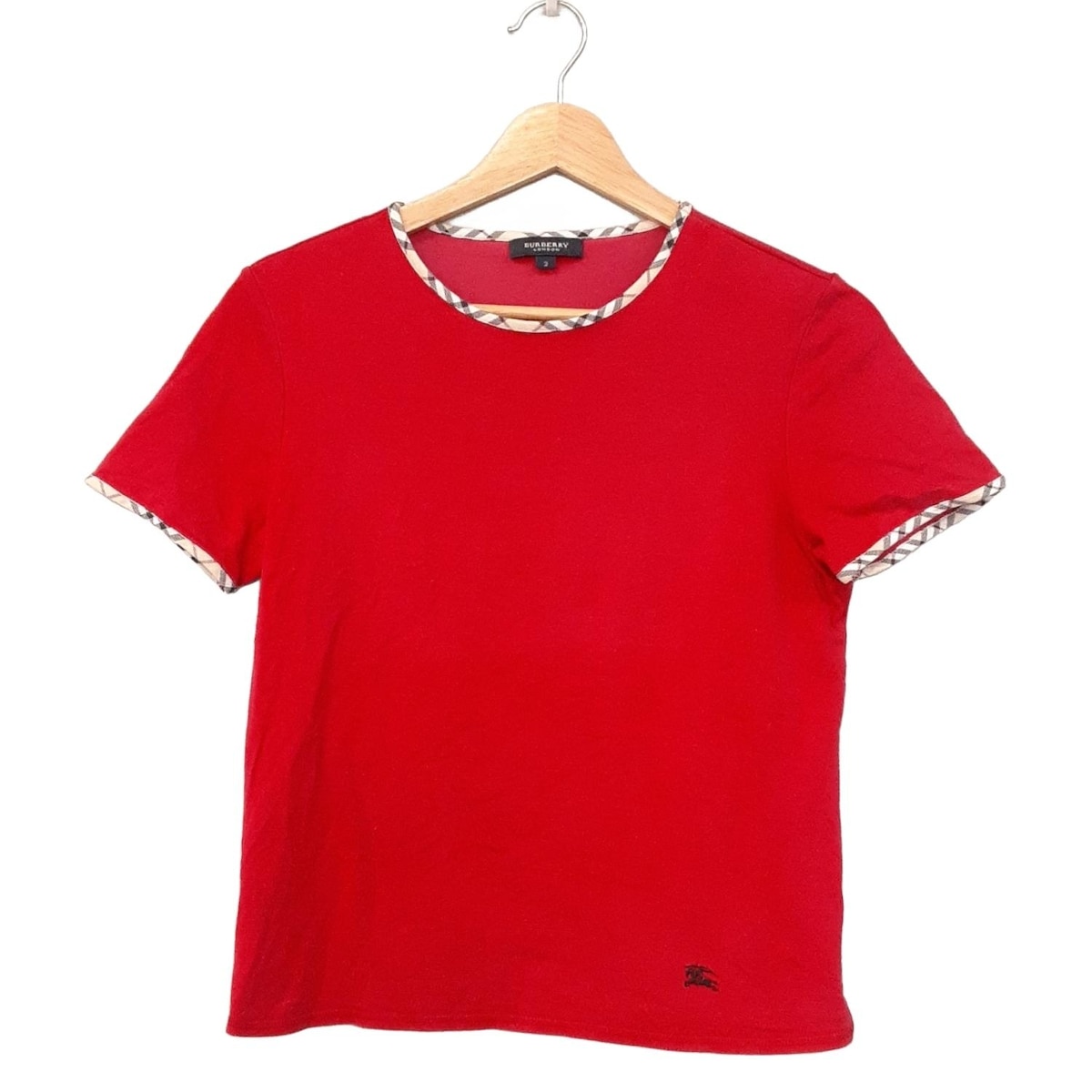 【中古】Burberry LONDON(バーバリーロンドン) 半袖Tシャツ クルーネック/一部チェック柄 レッド×ベージュ×黒