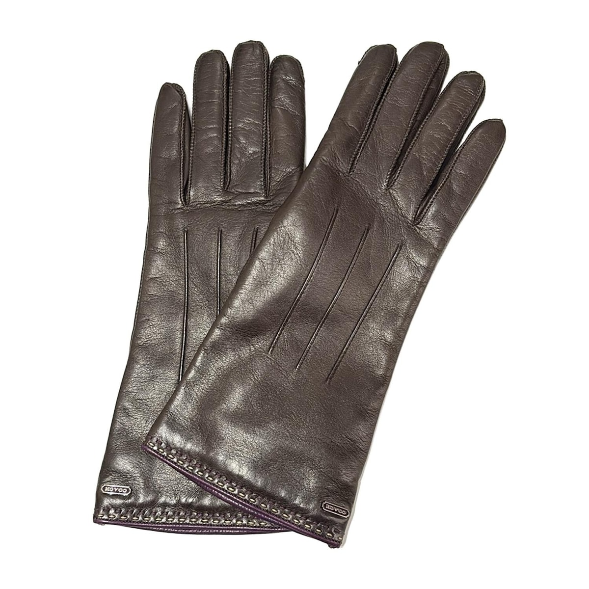 【中古】COACH(コーチ) 手袋 ステッチ ダークブラウン×パープル カシミヤ、レザー