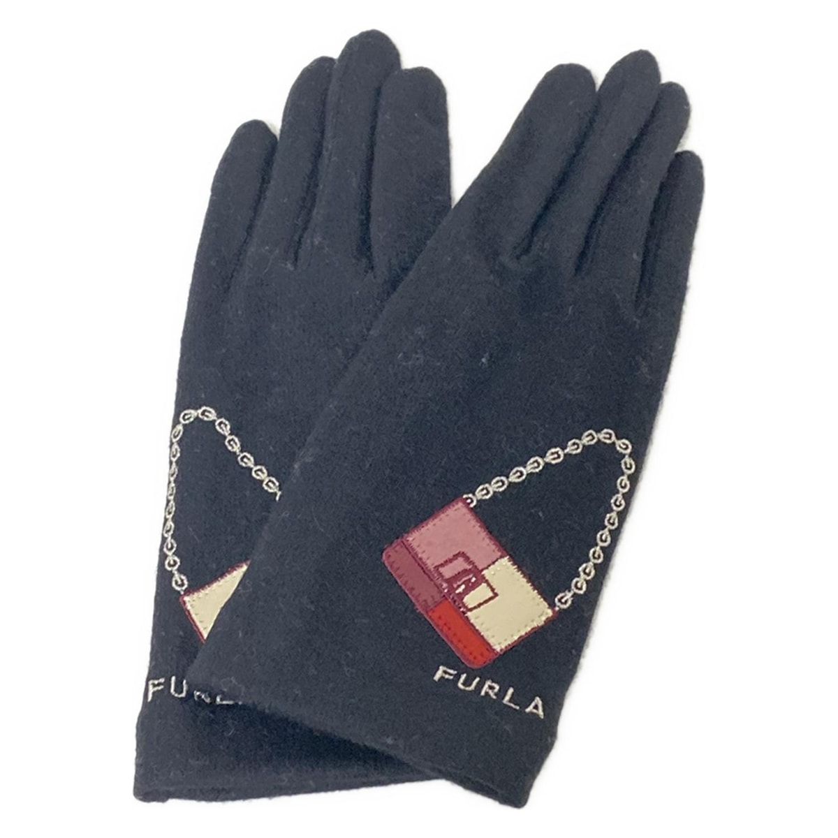 【中古】FURLA(フルラ) 手袋 バッグ/ラメ/タッチパネル対応 黒×ピンク×マルチ ウール、カシミヤ、レザー