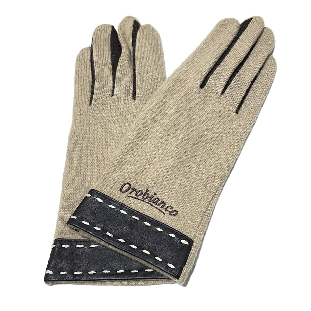 【中古】OROBIANCO(オロビアンコ) 手袋 タッチパネル対応 ベージュ×ダークブラウン ウール、アンゴラ、レザー