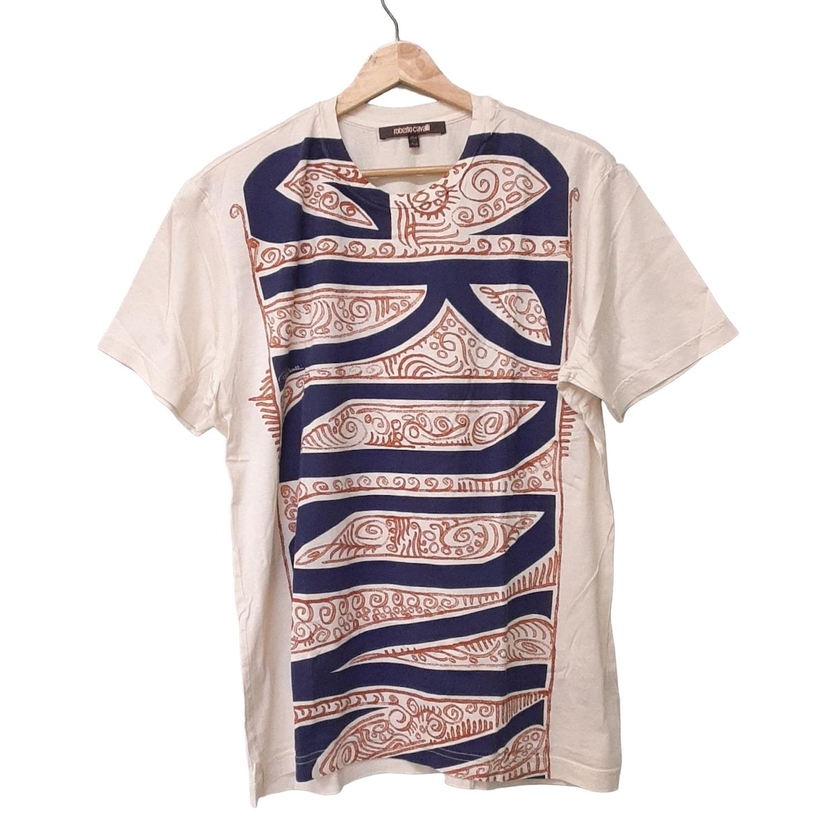 【中古】RobertoCavalli(ロベルトカヴァリ) 半袖Tシャツ アイボリー×ネイビー×ブラウン