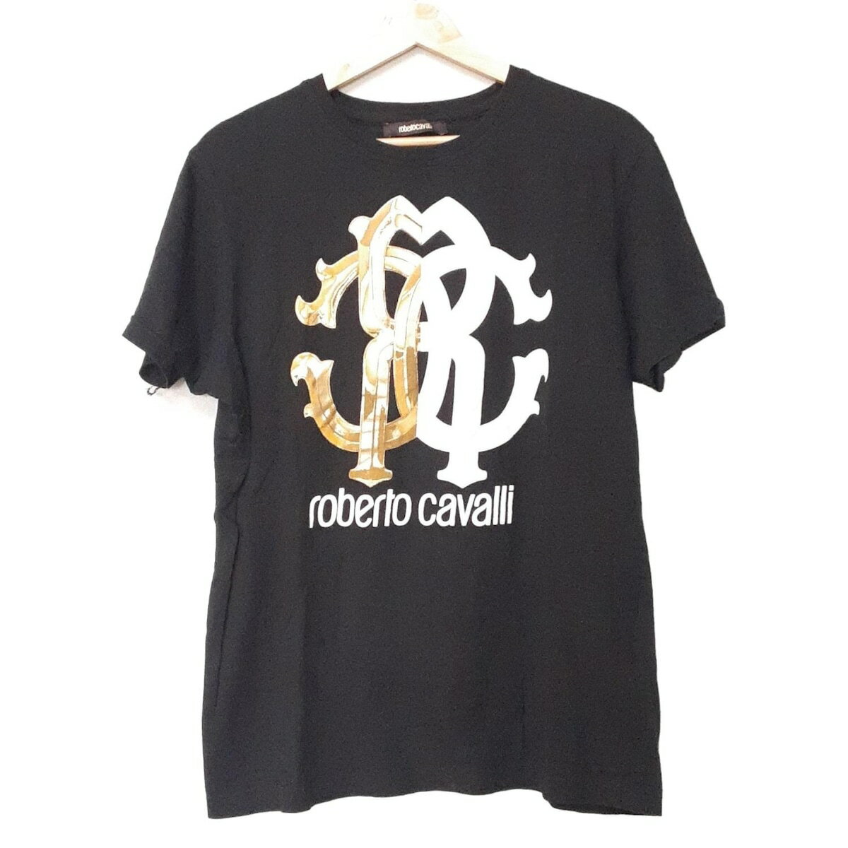 【中古】RobertoCavalli(ロベルトカヴァリ) 半袖Tシャツ 黒×ライトグレー×ゴールド