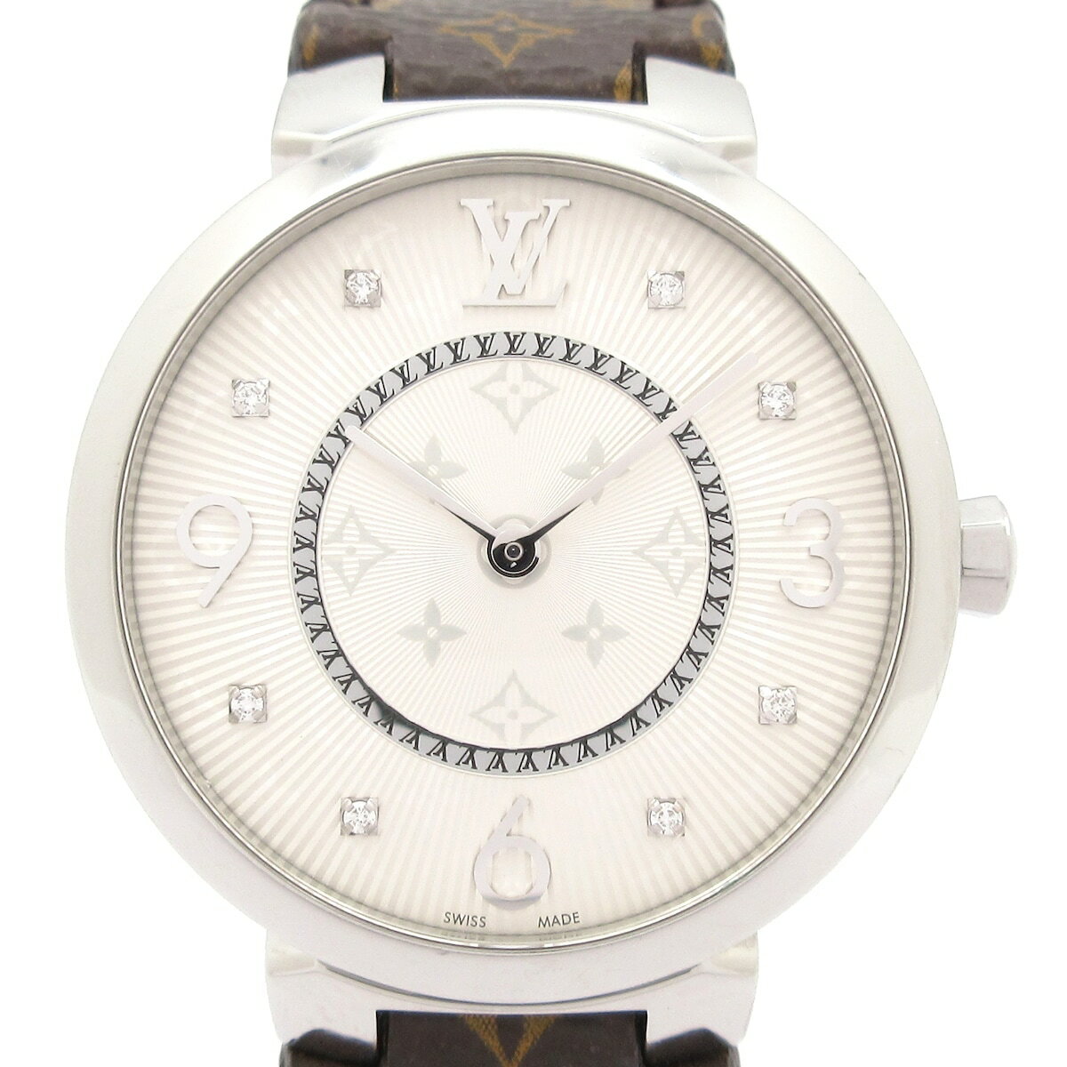 【中古】LOUIS VUITTON(ルイヴィトン) タンブール モノグラム MM 腕時計 SS/8Pダイヤインデックス/モノグラムベルト シルバー