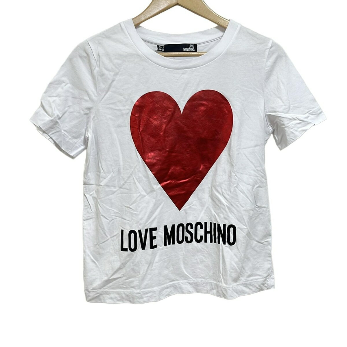 【中古】LOVE MOSCHINO(ラブモスキーノ) 半袖Tシャツ クルーネック/ハート 白×レッド×黒