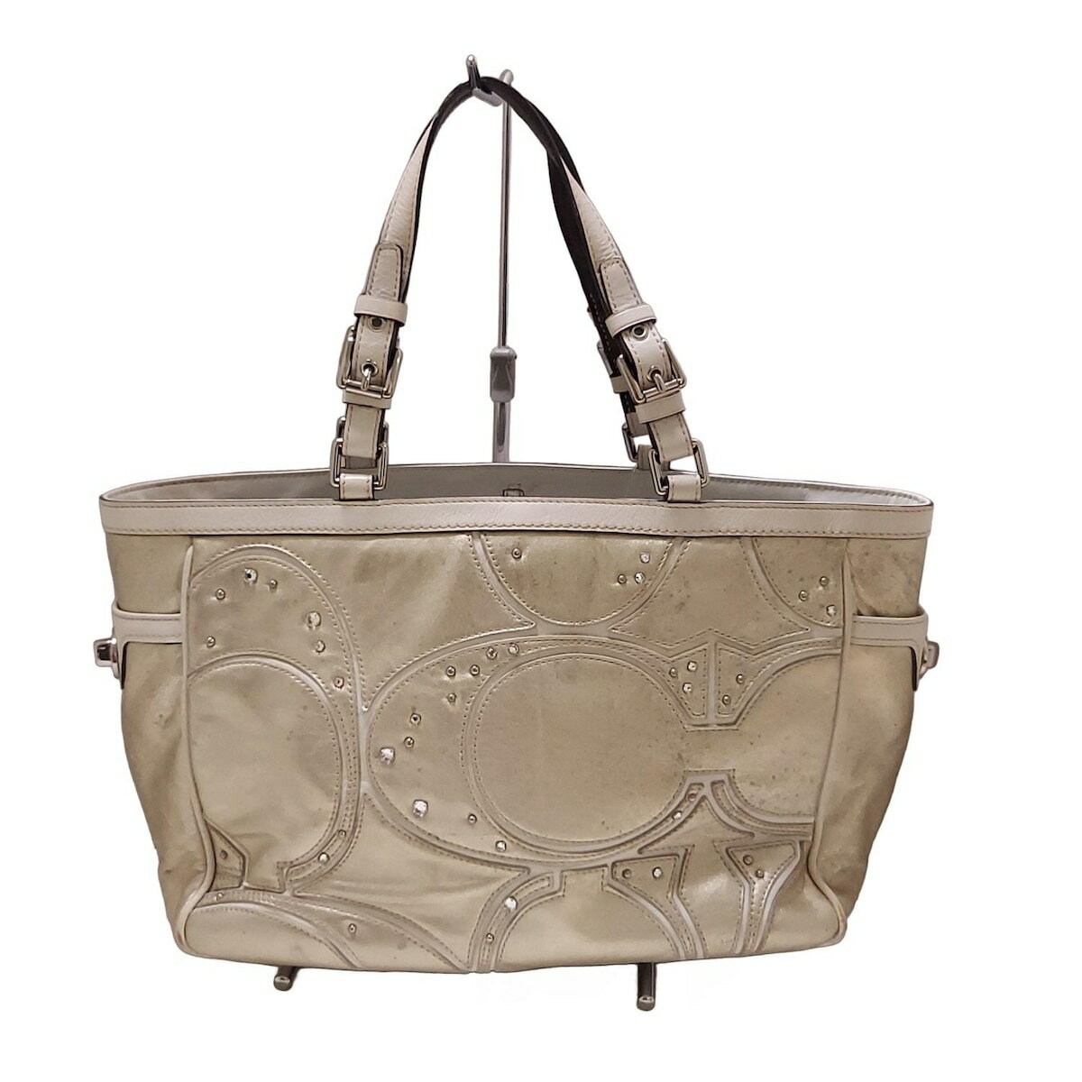 【中古】COACH(コーチ) ピースドギャラリートート トートバッグ ゴールド×白 レザー(4)