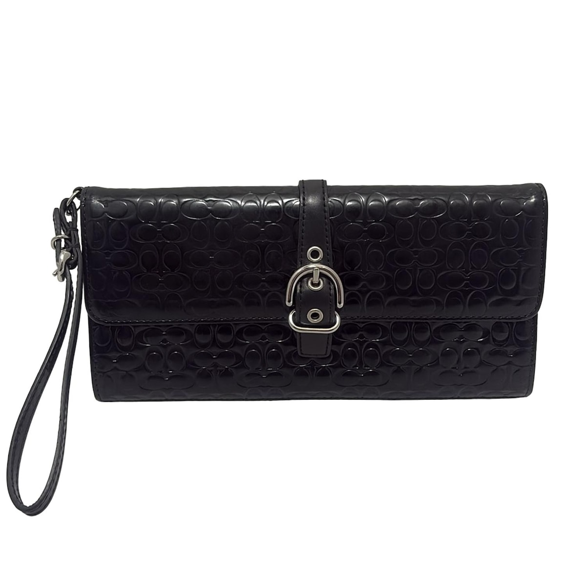 【中古】COACH(コーチ) ミニシグネチャー柄 クラッチバッグ 黒 レザー