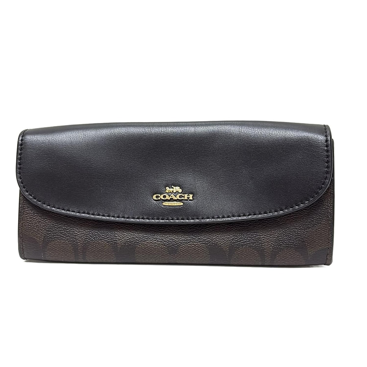 【中古】COACH(コーチ) シグネチャー柄 長財布 ブラウン×ダークブラウン×黒 レザー