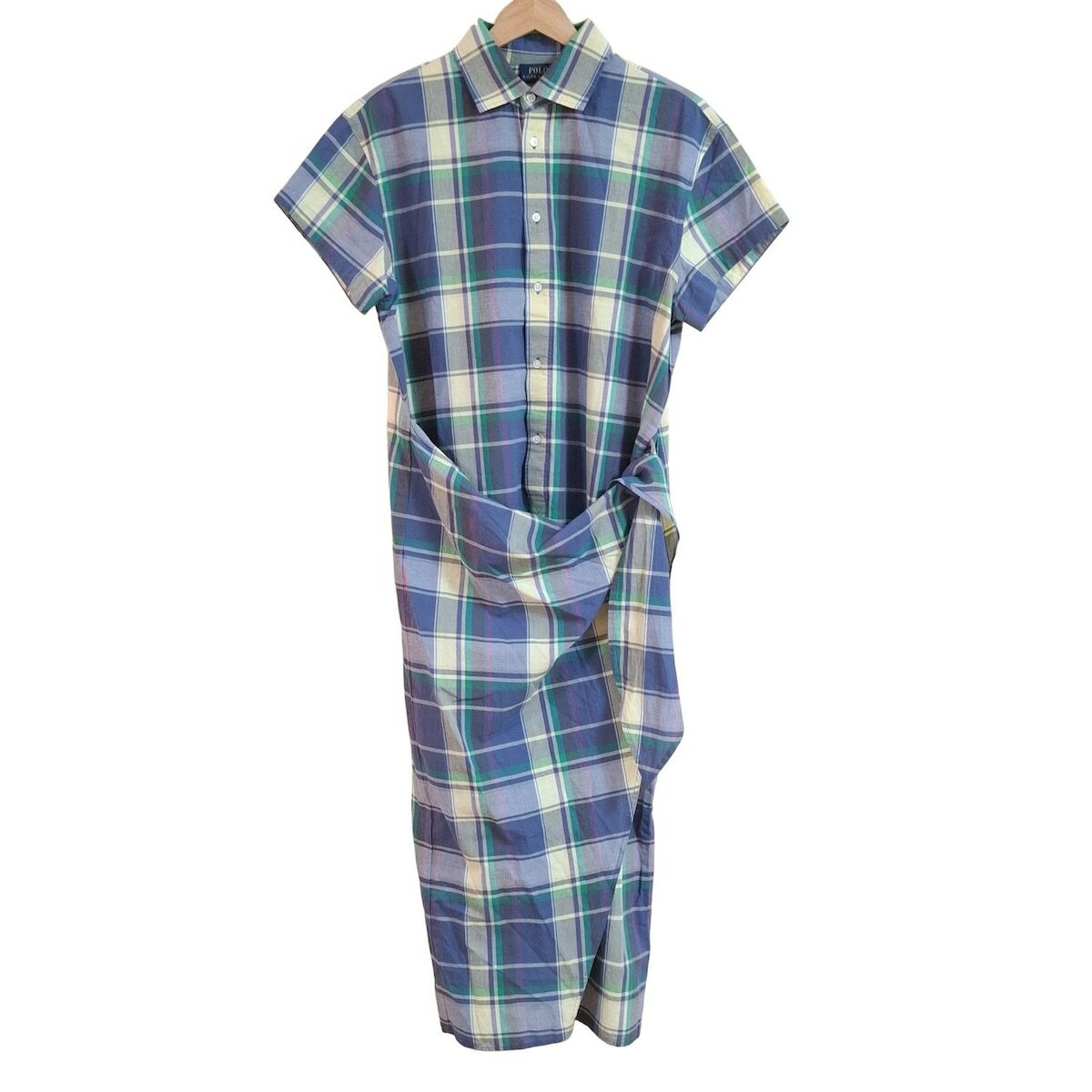 【中古】POLObyRalphLauren(ポロラルフローレン) ワンピース 開襟/半袖/ロング/チェック柄/シャツワンピ ブルー×アイボリー×マルチ