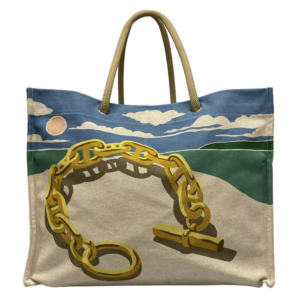 【中古】HERMES(エルメス) エスカル・ア・ラ・プラージュ トートバッグ シルバー金具/ビーチバッグ アイボリー×ブラウン×マルチ
