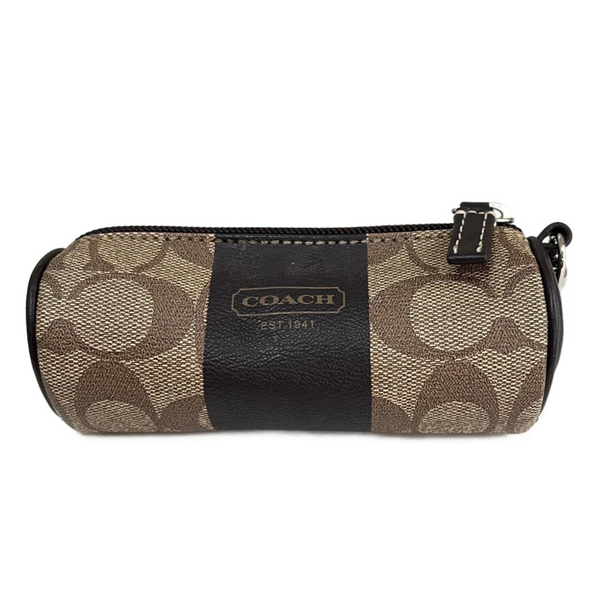 【中古】COACH(コーチ) シグネチャー柄 小物入れ ゴルフボールケース カーキ×ダークブラウン レザー
