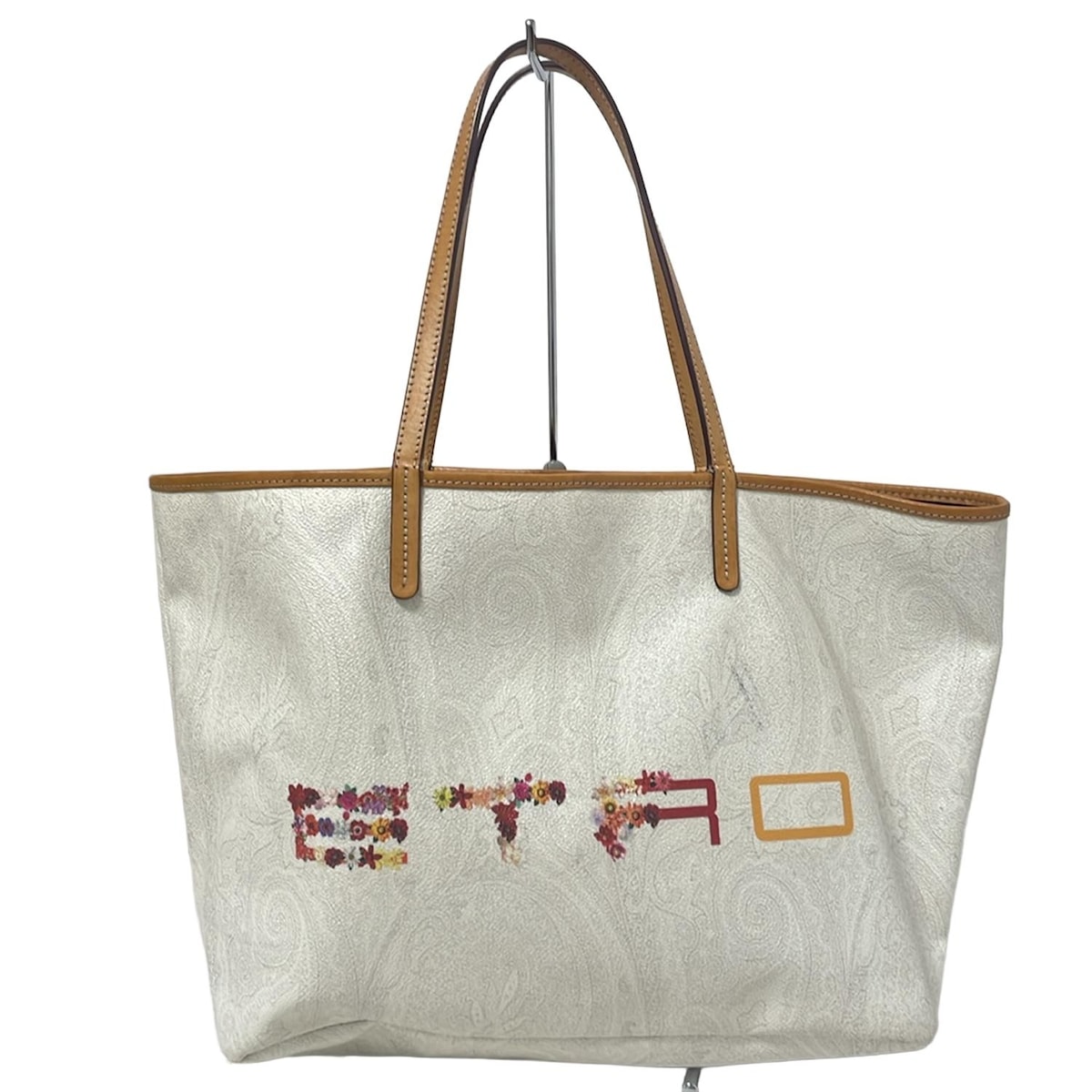 【中古】ETRO(エトロ) トートバッグ ペイズリー柄/花柄 白×ライトブラウン×マルチ レザー