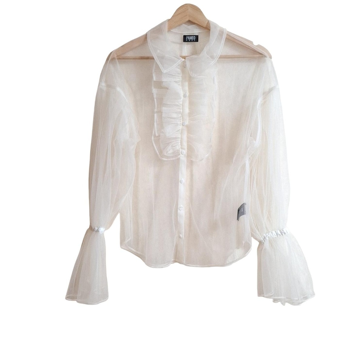 【中古】PAMEO POSE(パメオポーズ) 長袖シャツブラウス フリル/シースルー/チュール アイボリー