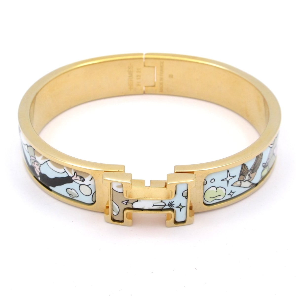 【中古】HERMES(エルメス) クリックH バングル 動物/魚/鳥 ゴールド×ライトブルー×マルチ