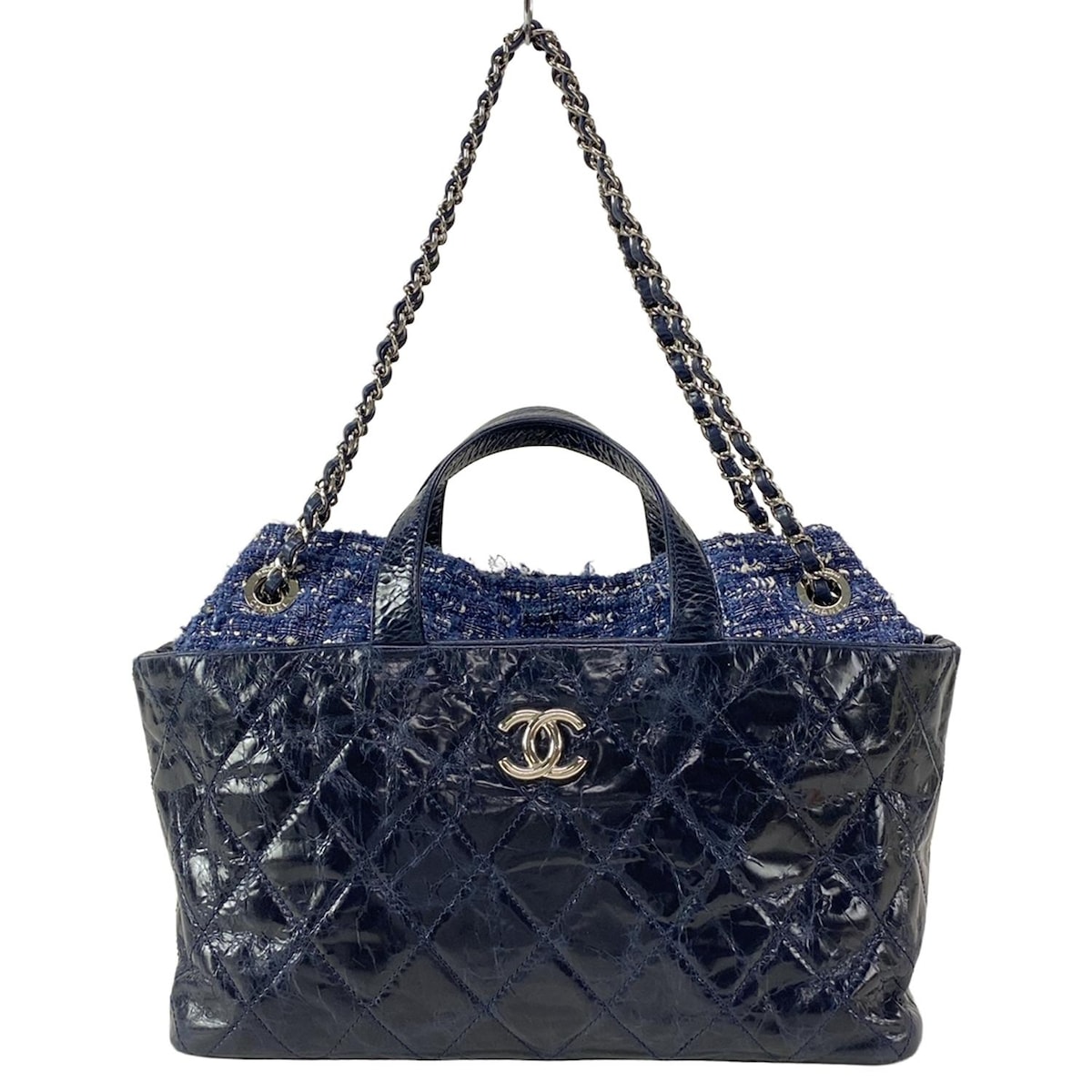 【中古】CHANEL(シャネル) ポートベロー トートバッグ チェーンショルダー/シルバー金具 ネイビー×ブルー×アイボリー