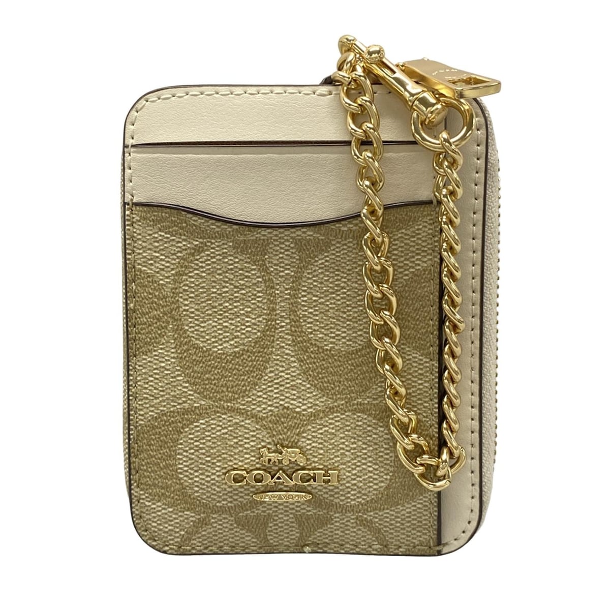 【中古】COACH(コーチ) シグネチャー柄 コインケース ベージュ×アイボリー レザー