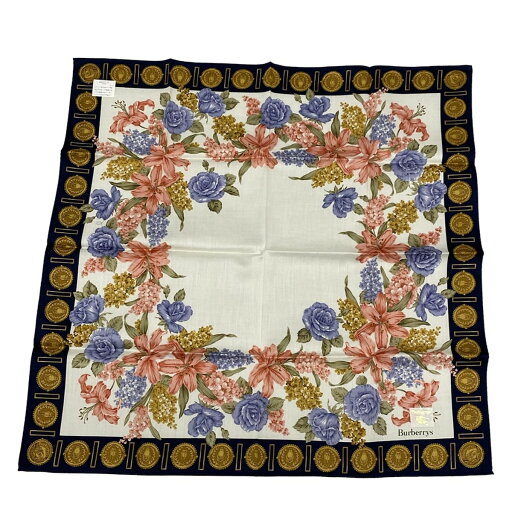 【中古】Burberry's(バーバリーズ) ハンカチ 花柄 ダークネイビー×白×マルチ 【中古】Burberry's(バーバリーズ) ハンカチ 花柄 ダークネイビー×白×マルチ