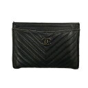 【中古】CHANEL(シャネル) シェブロン カードケース ココマーク/ブラック金具 黒 ラムスキン