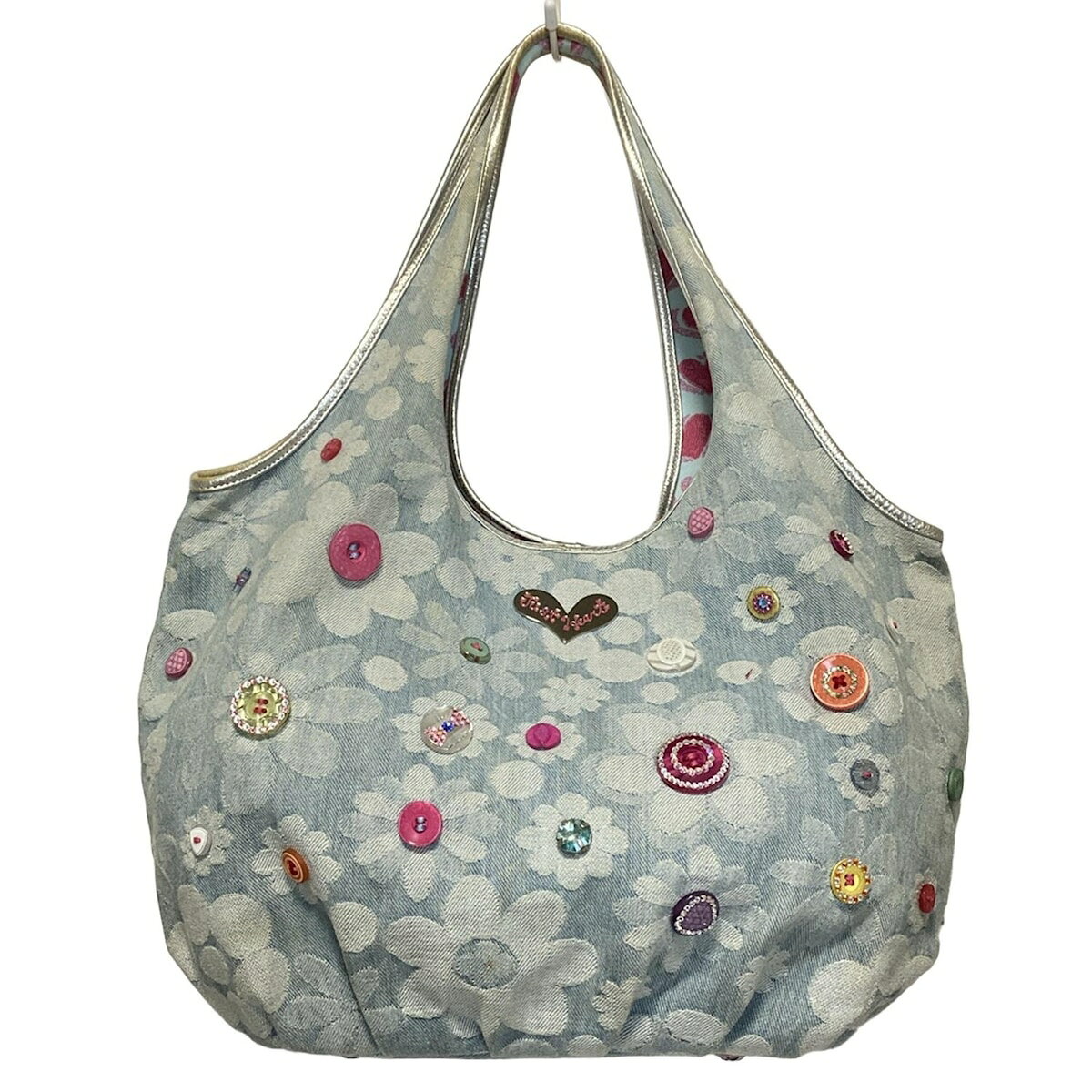 【中古】ThinkBee(シンクビー) トートバッグ ボタン/ラインストーン/花柄 ライトブルー×シルバー レザー
