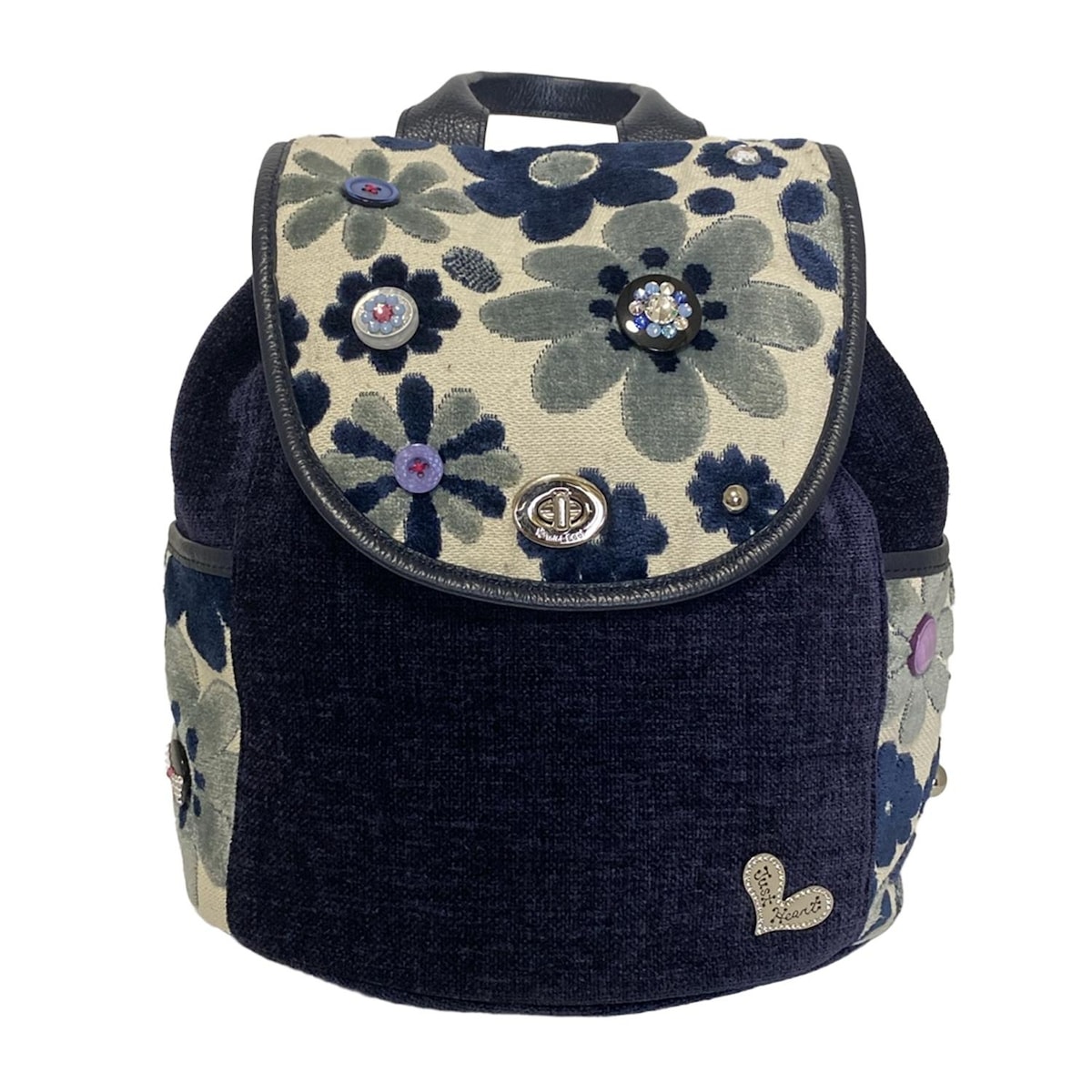 【中古】ThinkBee(シンクビー) リュックサック 花柄/ラインストーン/ボタン ネイビー×白×ライトブルー レザー