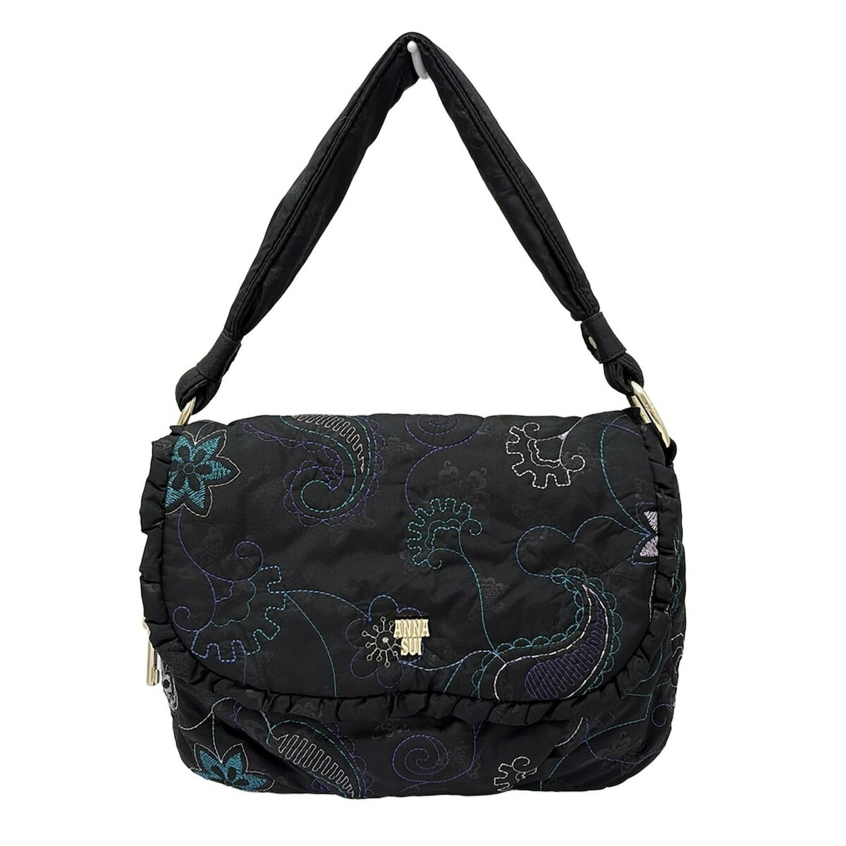 【中古】ANNA SUI(アナスイ) ハンドバッグ 黒×パープル×マルチ