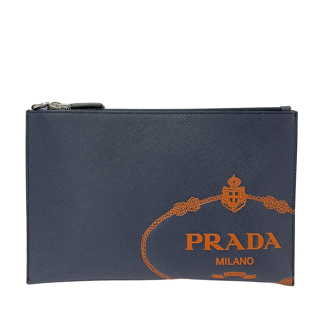 【中古】PRADA(プラダ) クラッチバッグ 型押し加工 ダークネイビー×オレンジ レザー