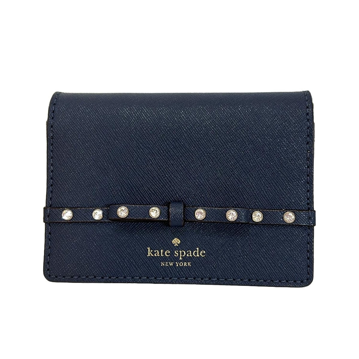 【中古】Kate spade(ケイトスペード) 名刺入れ ラインストーン/リボン/パスケース付き ネイビー レザー