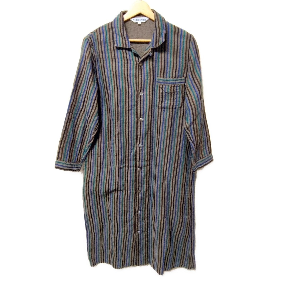 【中古】Y's for living(ワイズフォーリビング) ワンピース レギュラーカラー/長袖/ひざ丈/ストライプ カーキ×ブルー×マルチ(4)