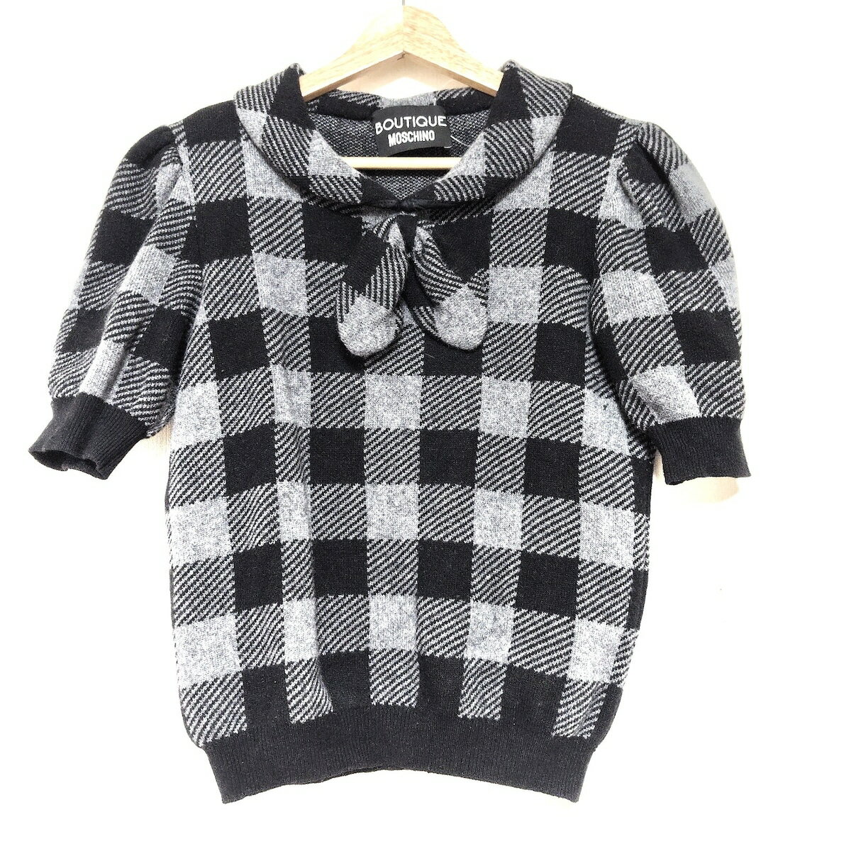 【中古】MOSCHINO(モスキーノ) 半袖セーター チェック柄 グレー×黒