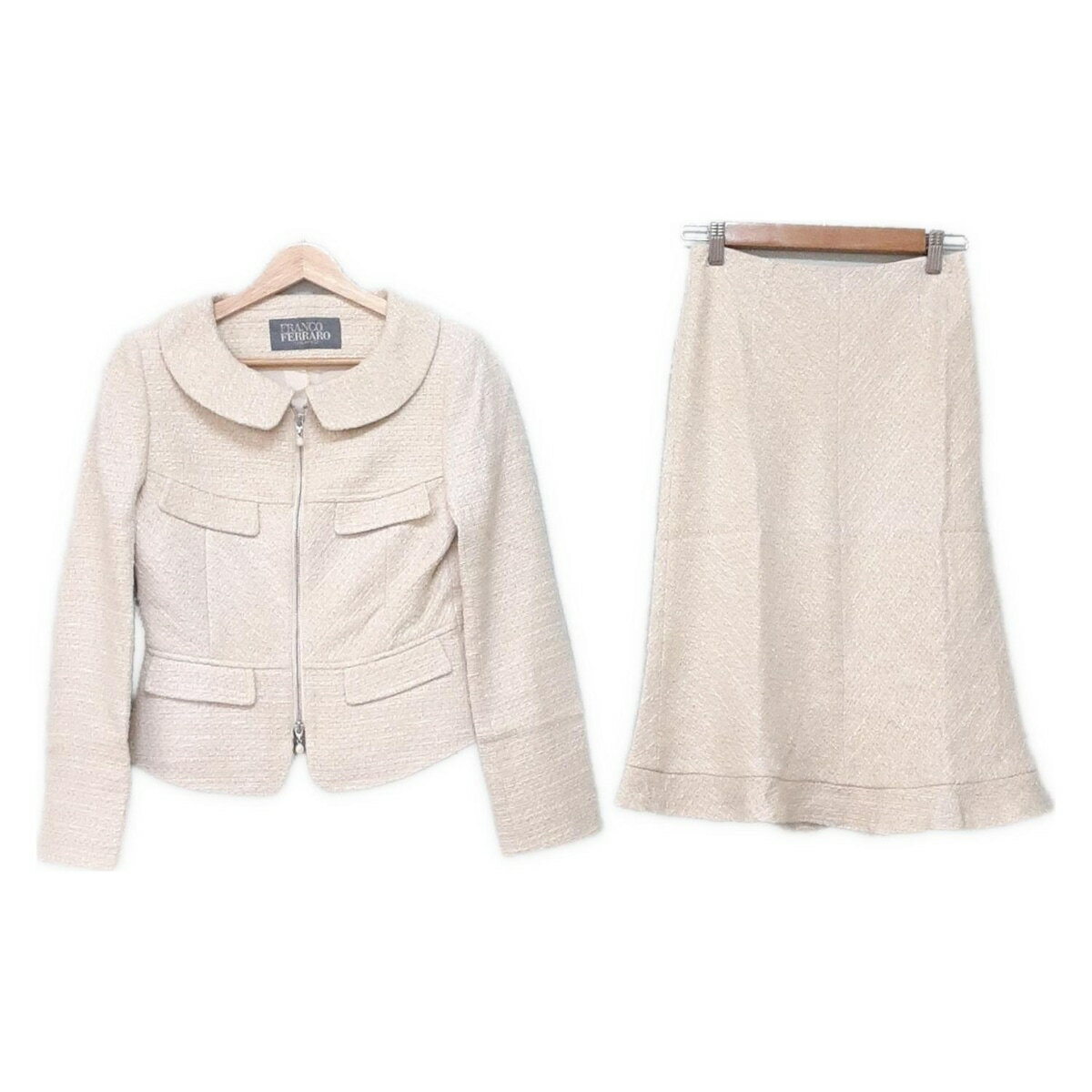 【中古】FRANCO FERRARO(フランコフェラーロ) スカートスーツ ツイード/シルク混/ラメ/肩パッド/ジップアップ アイボリー(4)