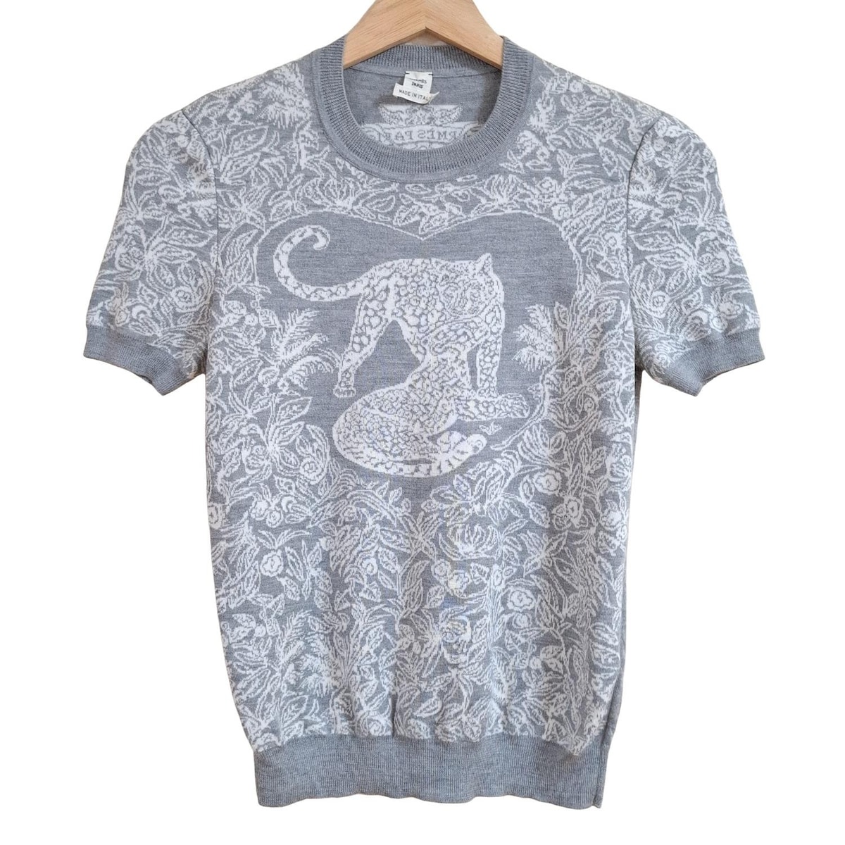 【中古】HERMES(エルメス) 半袖セーター クルーネック/カシミヤ/シルク グレー×白