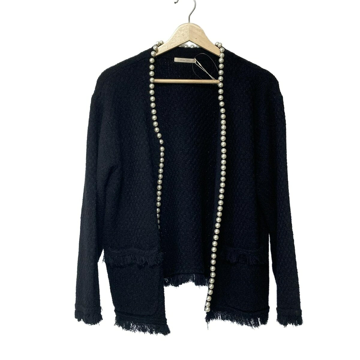 【中古】Rose Tiara(ローズティアラ) カーディガン 長袖/フェイクパール/フリンジ 黒×ダークネイビー