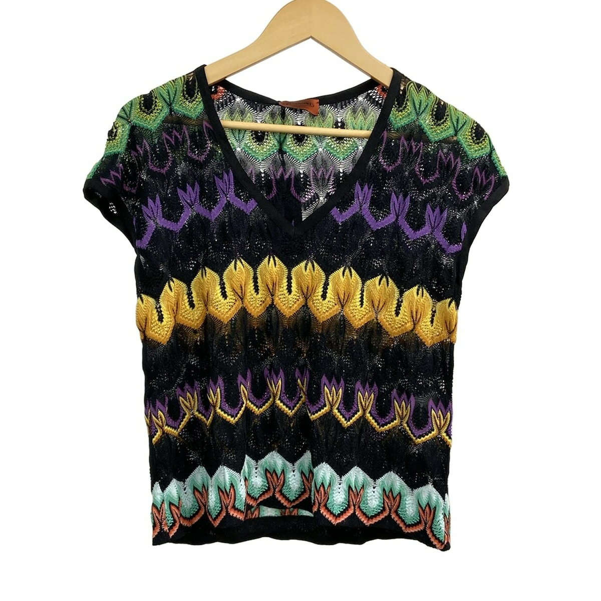 【中古】MISSONI(ミッソーニ) 半袖セーター Vネック 黒×パープル×マルチ