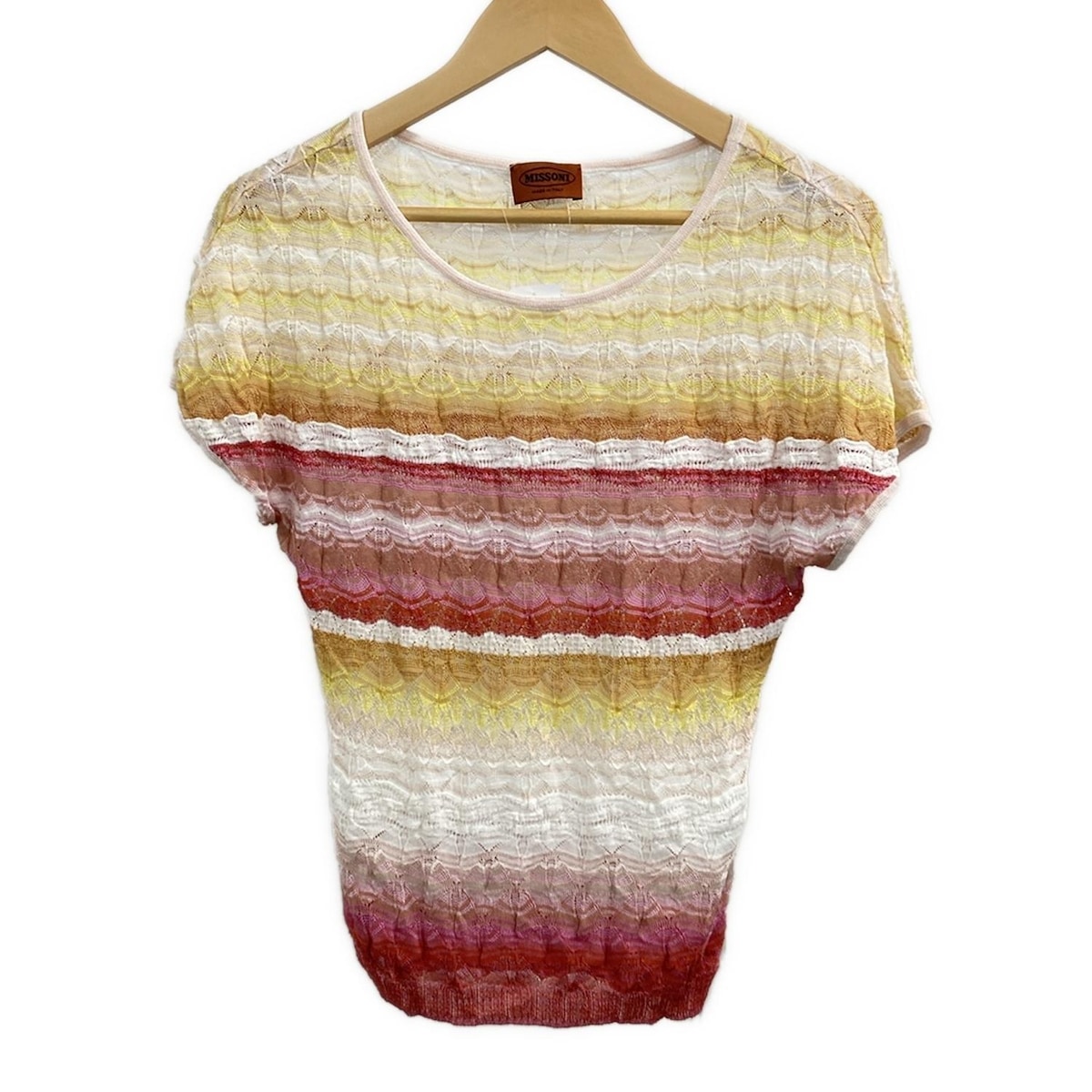 【中古】MISSONI(ミッソーニ) 半袖セーター クルーネック レッド×イエロー×マルチ