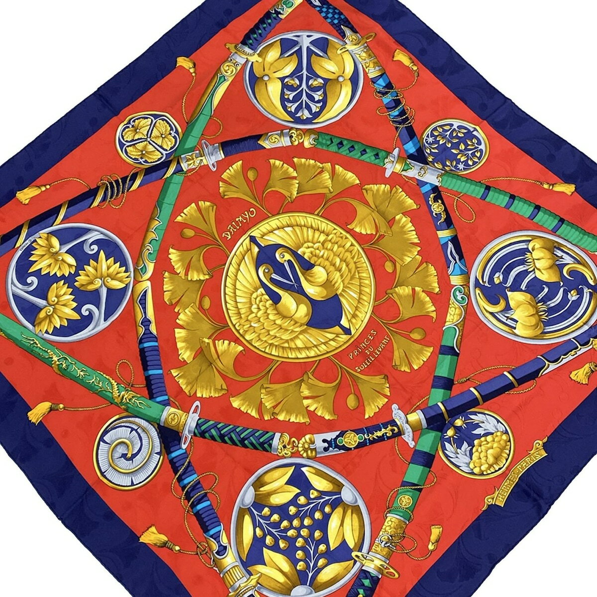 【中古】HERMES(エルメス) カレ90 スカーフ DAIMYO PRINCES DU SOLEIL LEVANT(大名 日出る国の皇子) レッド×ネイビー×マルチ