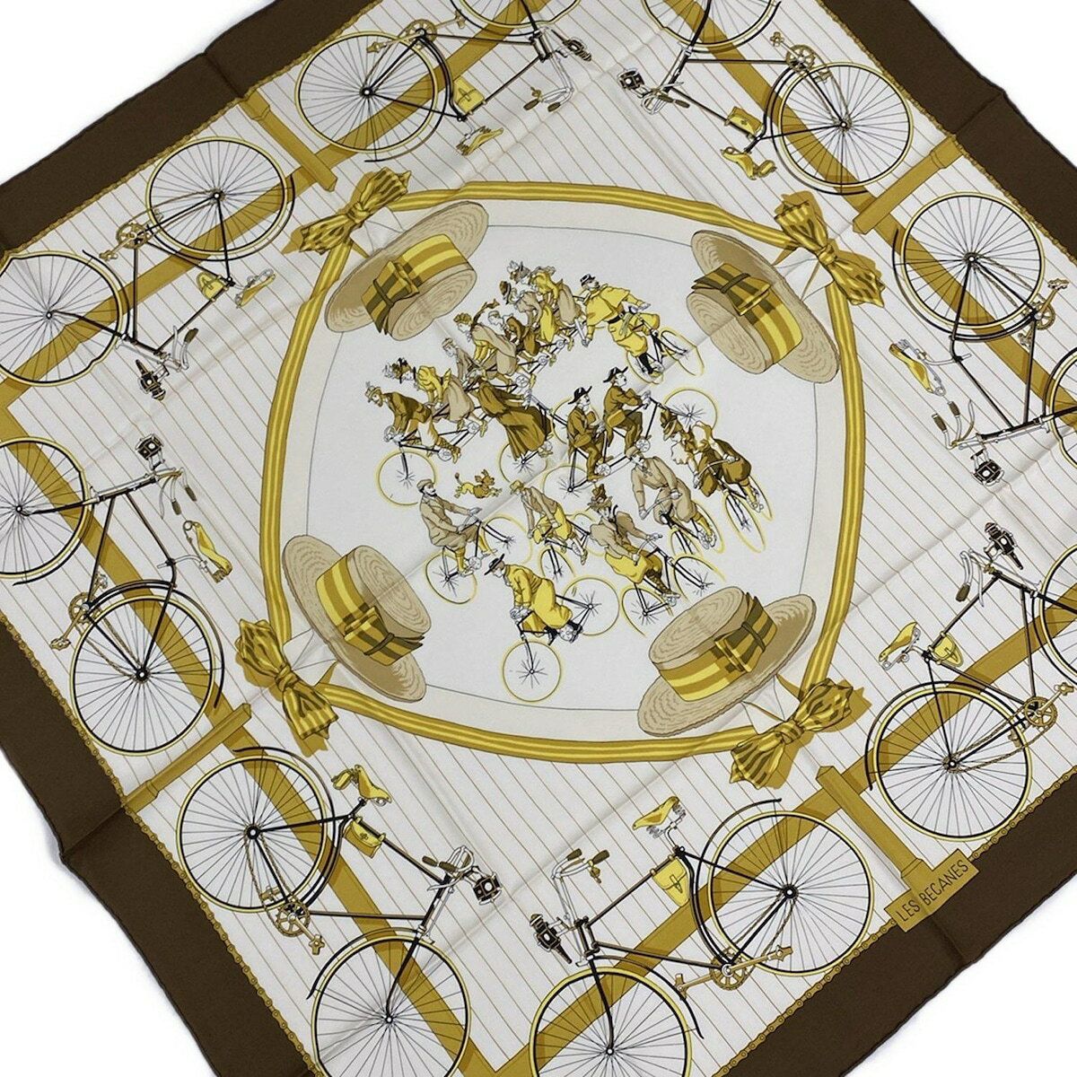 【新着】【中古】HERMES(エルメス) カレ90 スカーフ LES BECANES アイボリー×ブラウン×イエロー