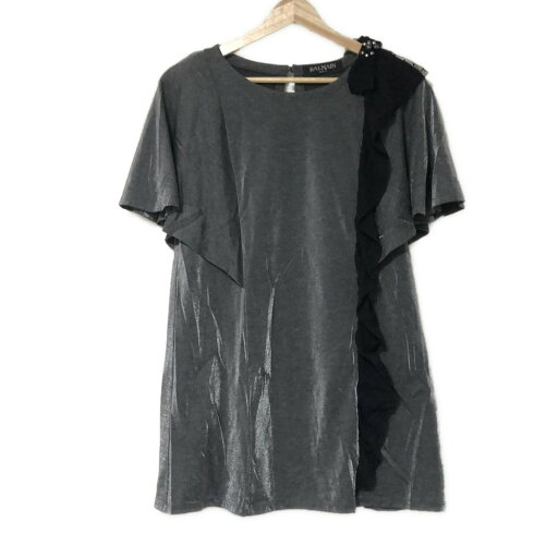 【新着】【中古】BALMAIN(バルマン) チュニック 半袖/フリル/リボン/レース グレー×黒 【新着】【中古】BALMAIN(バルマン) チュニック 半袖/フリル/リボン/レース グレー×黒