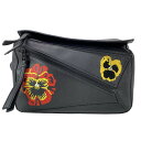 【中古】LOEWE(ロエベ) パズル バムバッグ スモール ウエストポーチ フラワー/パンジー/ジョー・ブレイナード 黒×レッド×イエロー レザー