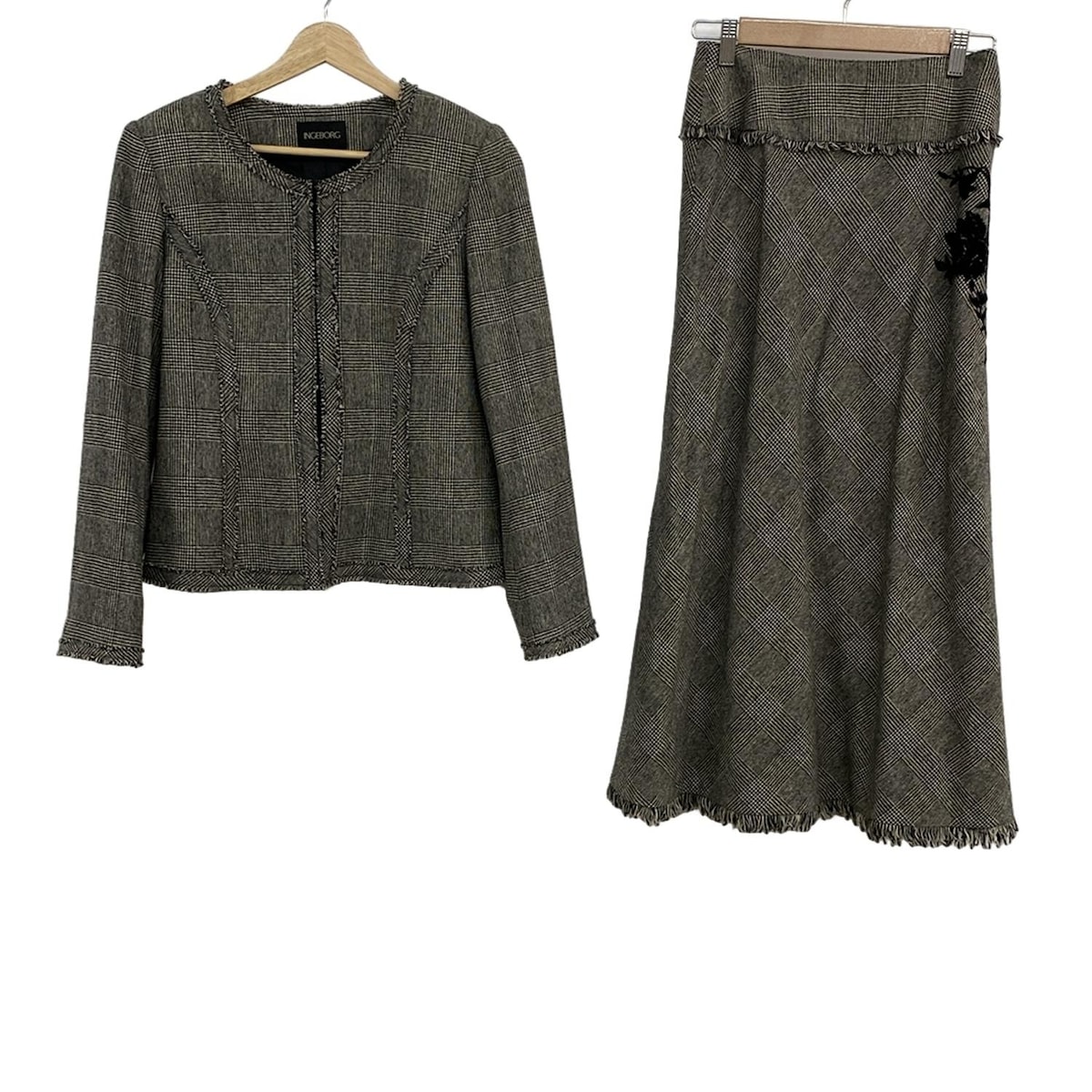 インゲボルグ スカートジャケット インゲボルグ ジャケット スカート セットアップ M 黒 レザー アンゴラ