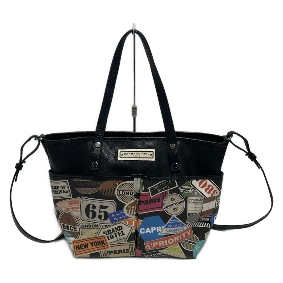 美品 バーバラリール 香水瓶柄シボ＆型押しレザー2WAYハンドバッグ 青 