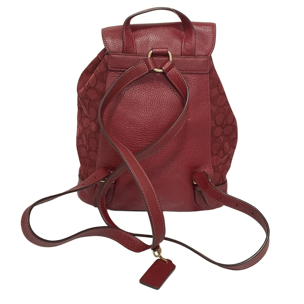 【中古】COACH(コーチ) デンプシー ドローストリング バックパック・シグネチャー ジャカード・コーチ パッチ アンド ストライプ リュックサック ボルドー×ピンク レザー