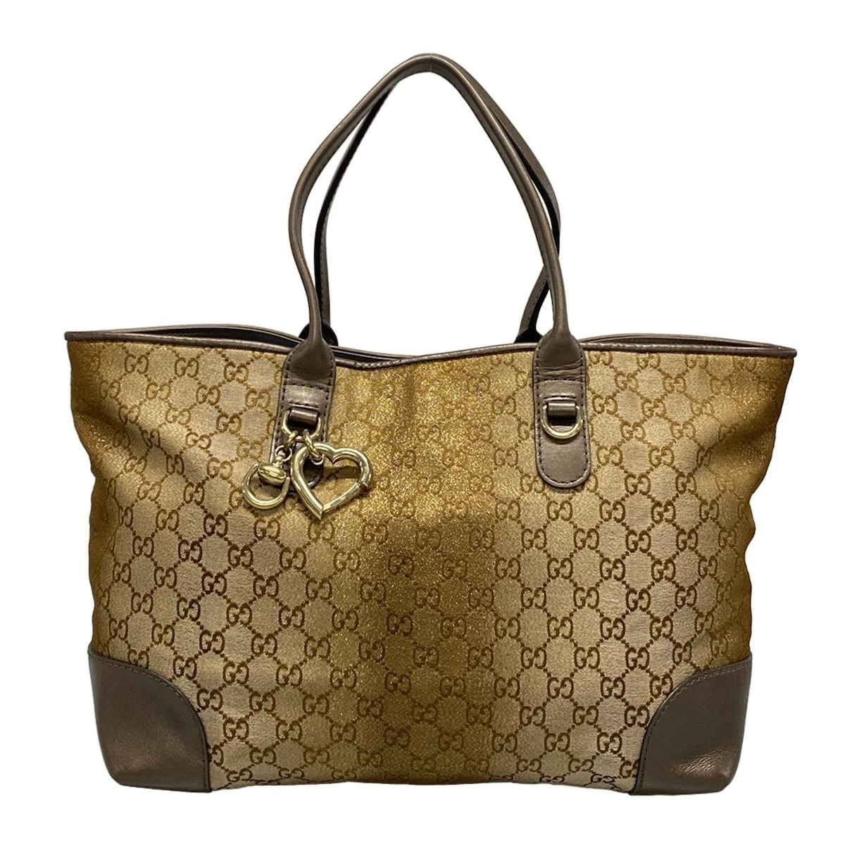 【中古】GUCCI(グッチ) ハートビット,GG柄 トートバッグ ハート/バンブー/ホースビット ベージュ×ゴールド×ダークブラウン レザー