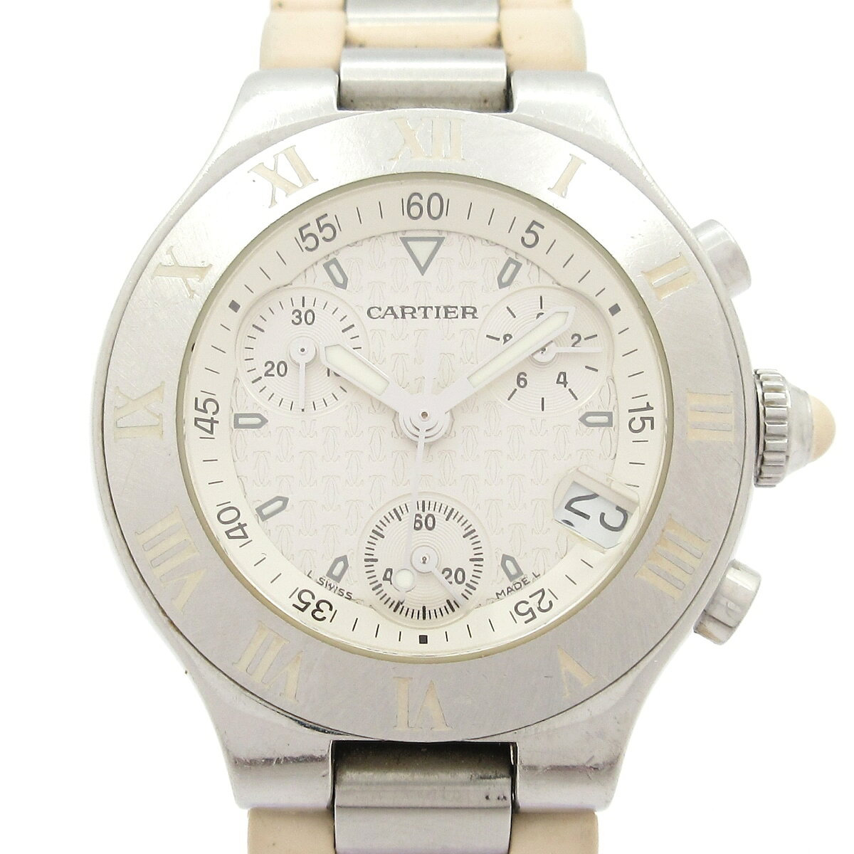 【中古】Cartier(カルティエ) マスト21クロノスカフSM 腕時計 SS×ラバー/クロノグラフ 白