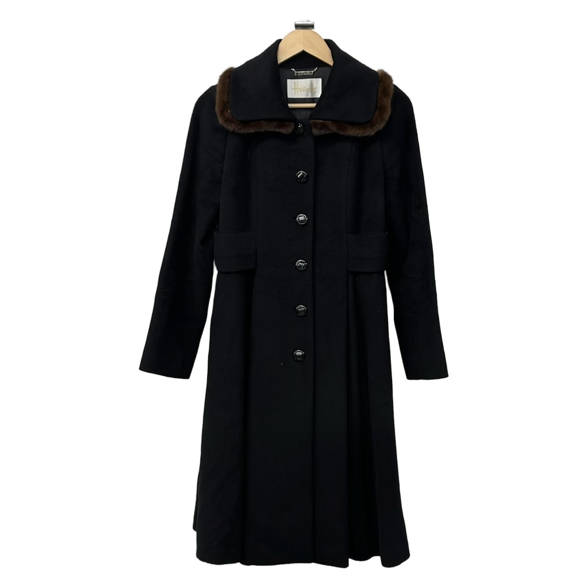 Harrodsハロッズ　黒ウールロングコート　ミンクファー襟付きベルト付き 39396756_1.jpg