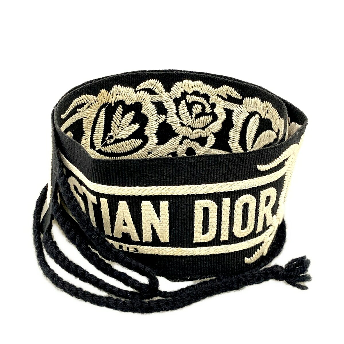 【新着】【中古】DIOR/ChristianDior(ディオール/クリスチャンディオール) ベルト エンブロイダリー/メキシカンフラワー 黒×アイボリー コットン