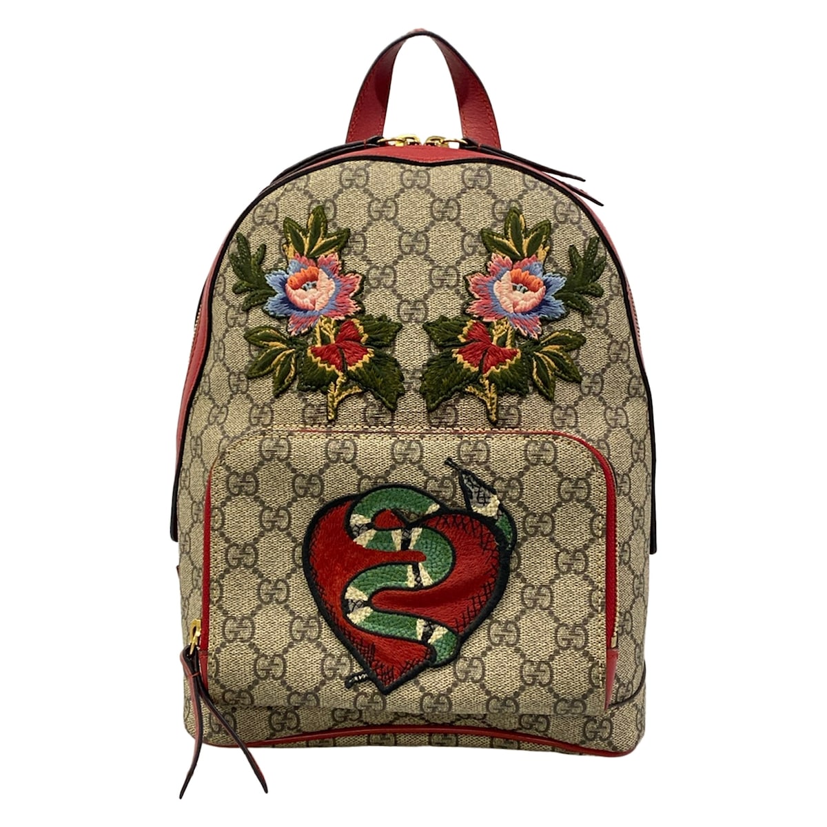 【中古】GUCCI(グッチ) グッチクーリエ リュックサック スネーク/ハート/LIMITED EDITION ベージュ×レッド×マルチ レザー