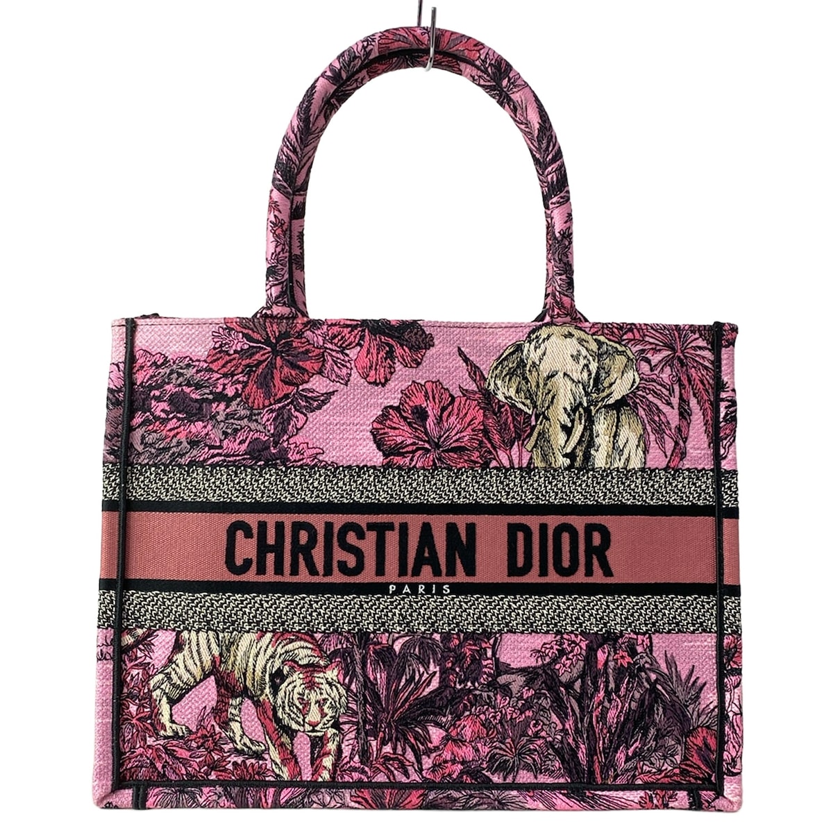 【中古】DIOR/ChristianDior(ディオール/クリスチャンディオール) ブックトートミディアムバッグ/旧スモール トートバッグ 花柄/アニマル柄 ピンク×黒×マルチ